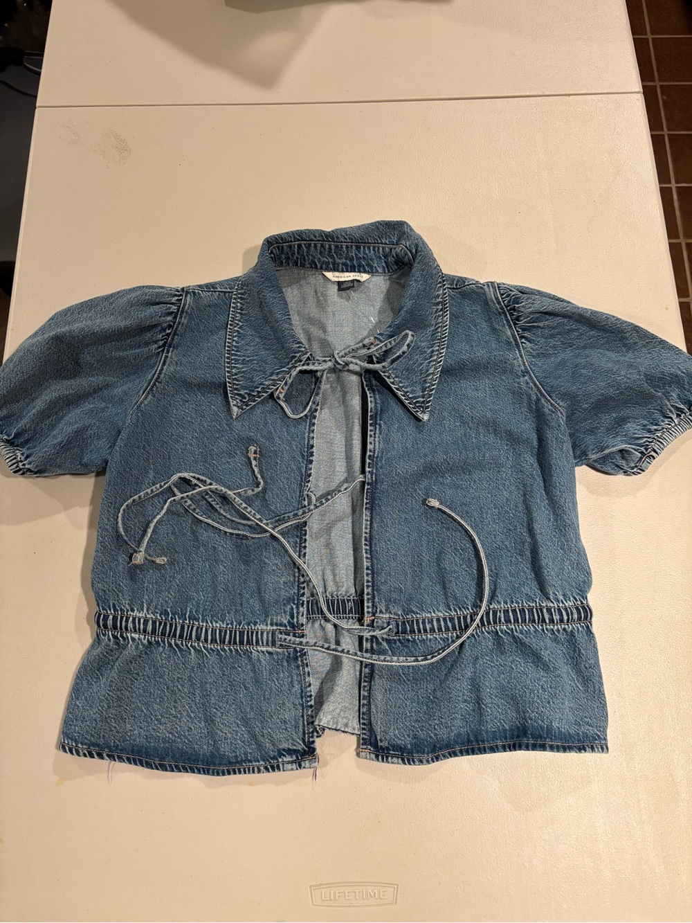 American Eagle Outfitters Blue Short-Sleeve Denim Button-Front Top